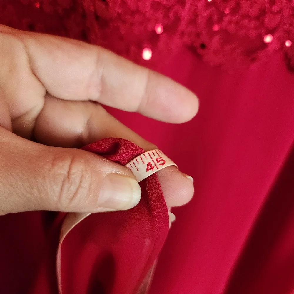 R & M Richards Dress Red‎ Lace & Sequin Overlay Chiffon Sheer Cocktail Petite 14